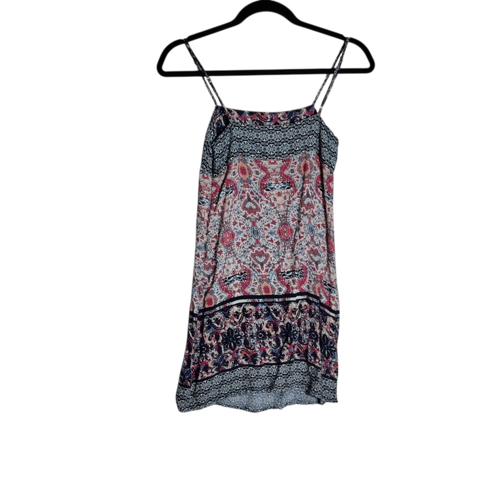 Earthbound Trading Co Womens Paisley Boho Mini Dress Blue Red Rayon Small 1607